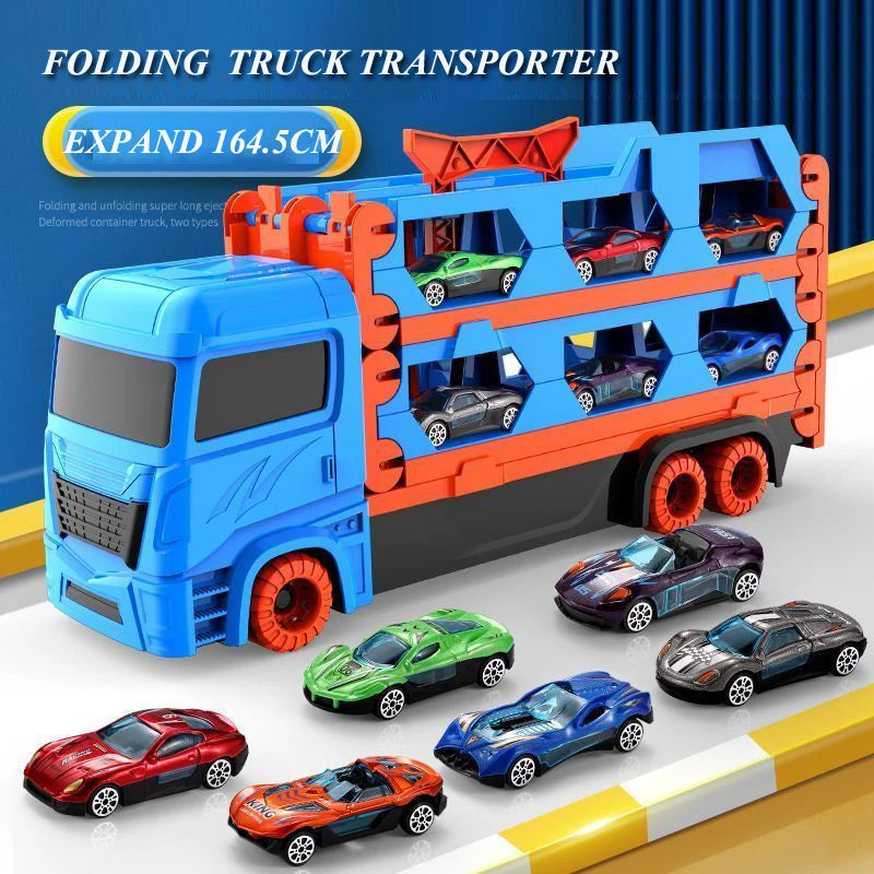 Large Car Transporter Truck Folding Track Racing Vehicle Kids Competitive Games Storage Alloy Car Boy Toy Children Novel Gift.