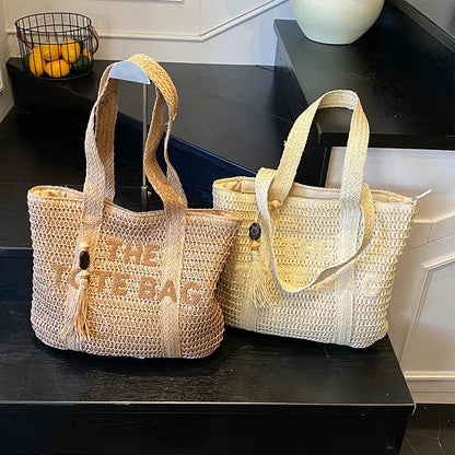 Summer Fashion Women's Large Capacity Shoulder Bag Straw Woven Bag Letter Embroidery Handbag Casual Female Tote Bag Beach Bags.
