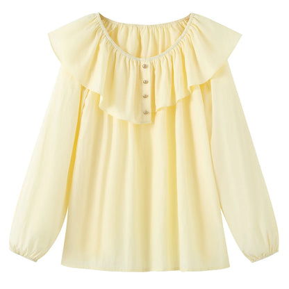 2025 French Large Size Long Sleeve O-neck Solid Color Loose Ruffle Shirt Ladies Spring Autumn Plus Size Blouses for Women