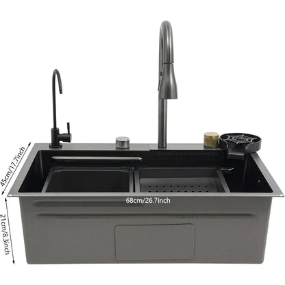 BYMAOCAR Edelstahlspüle, Küchenspüle mit ausziehbarem Wasserhahn, Haushaltsspülbecken-Set, Edelstahl-Wasserfallspüle 68 x 45 x 21 cm