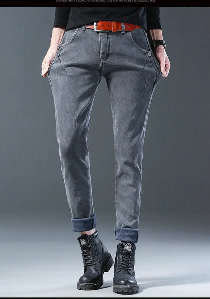 Winter Hot Sale Of The Season Trendy Stretchy Fleece Lined Thick Denim Mid Waist Fashionable Casual Warm Long Pants Men's Jeans.