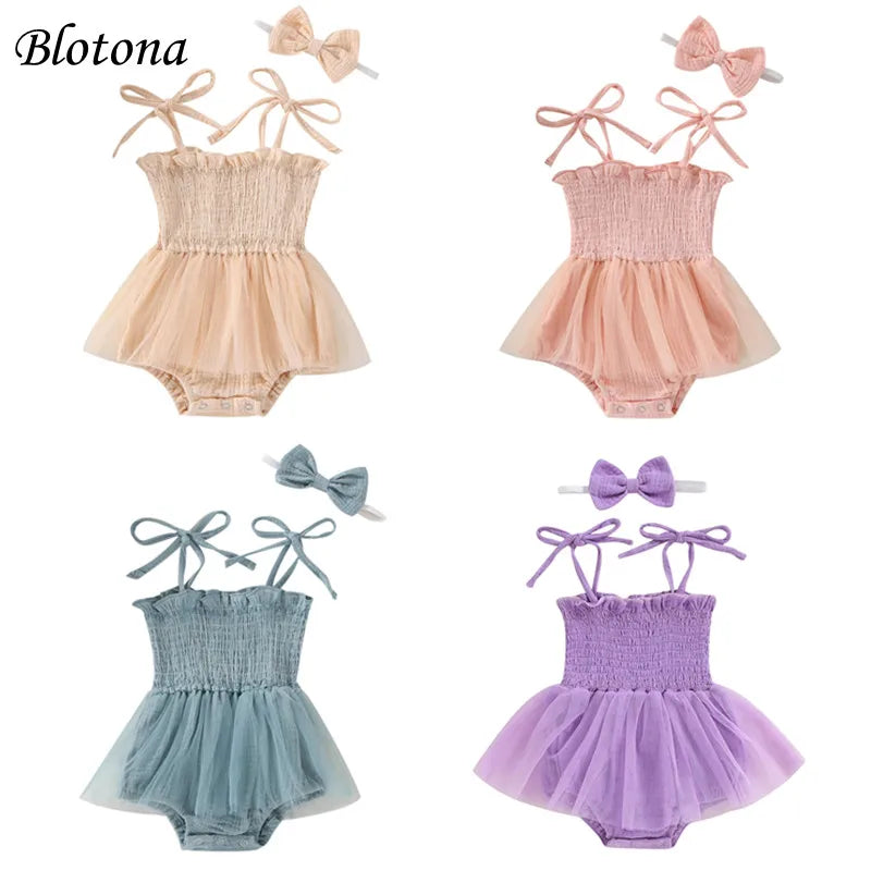 Blotona Kleinkind-Body für Babys, Mädchen, Blumenstickerei, zum Binden, Spaghettiträger, schulterfrei, Rocksaum, Strampler, Kleid und Stirnband.