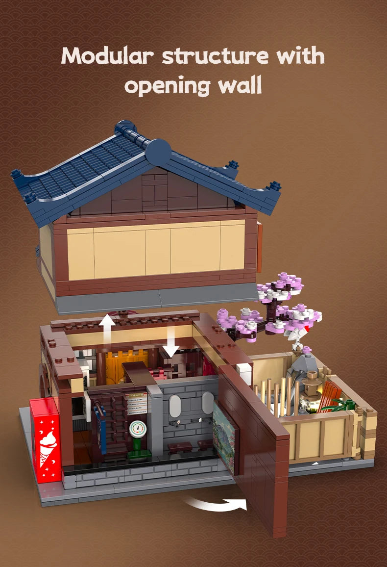 Cada Japanese Sushi HouseBricks Shop LED Japanese Steamed Bun House Building Blocks Summer Cafe cada Toy Street View Series set.