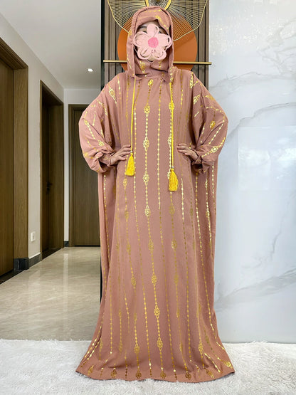 New Cotton Ramadan Muslim Two-Hat Abaya Dubai Turkey Islam Prayer Clothes Gold Dust   Dress Islam Women Dress Kaftan.
