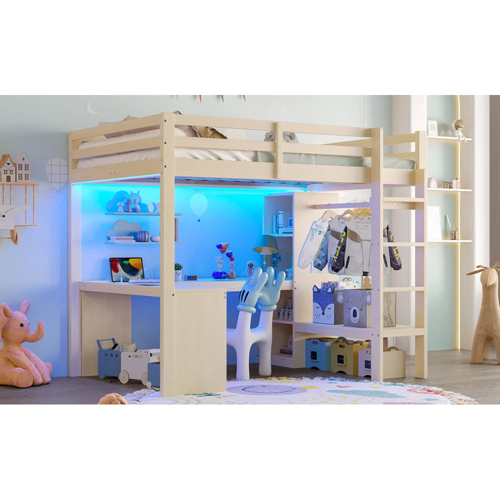 Modernes Kinder-Hochbett 140 x 200 mit Multifunktionsregalen, Unterbett-Schreibtisch, LED-Licht und USB, Kleiderschrank mit Stauraum, für Schlafzimmer