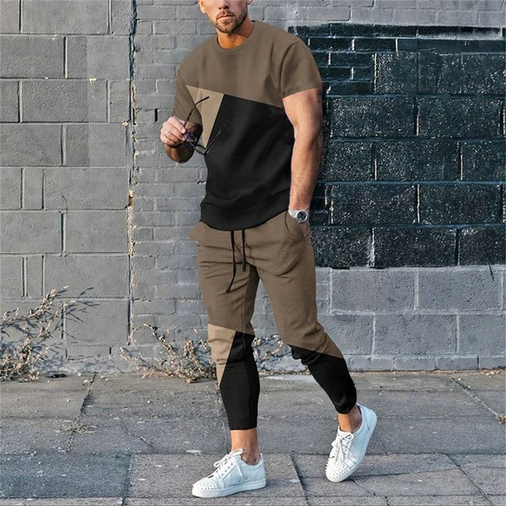 Men's T-Shirt Tracksuit 2 Piece Set Short Sleeve Sportswear Suits Fashion Men's Clothing Trousers Casual O-Neck Tops Pants Suits.