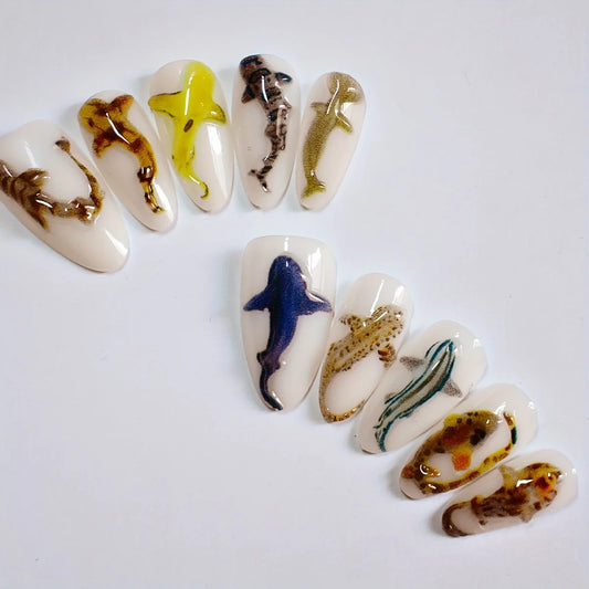 10pcs Handmade Press on Nails Cartoon Shark Pattern Design Fake Nails Wearable Detachable Ins Simple Almond Shaped False Nails.