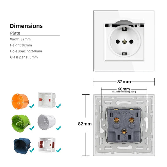 SRAN Französische USB-Wandsteckdose 5 V 2,1 A, Kristall-Hartglasscheibe 16 A 220 V 82 x 82 mm Steckdose Frankreich-Standard mit Abdeckung.