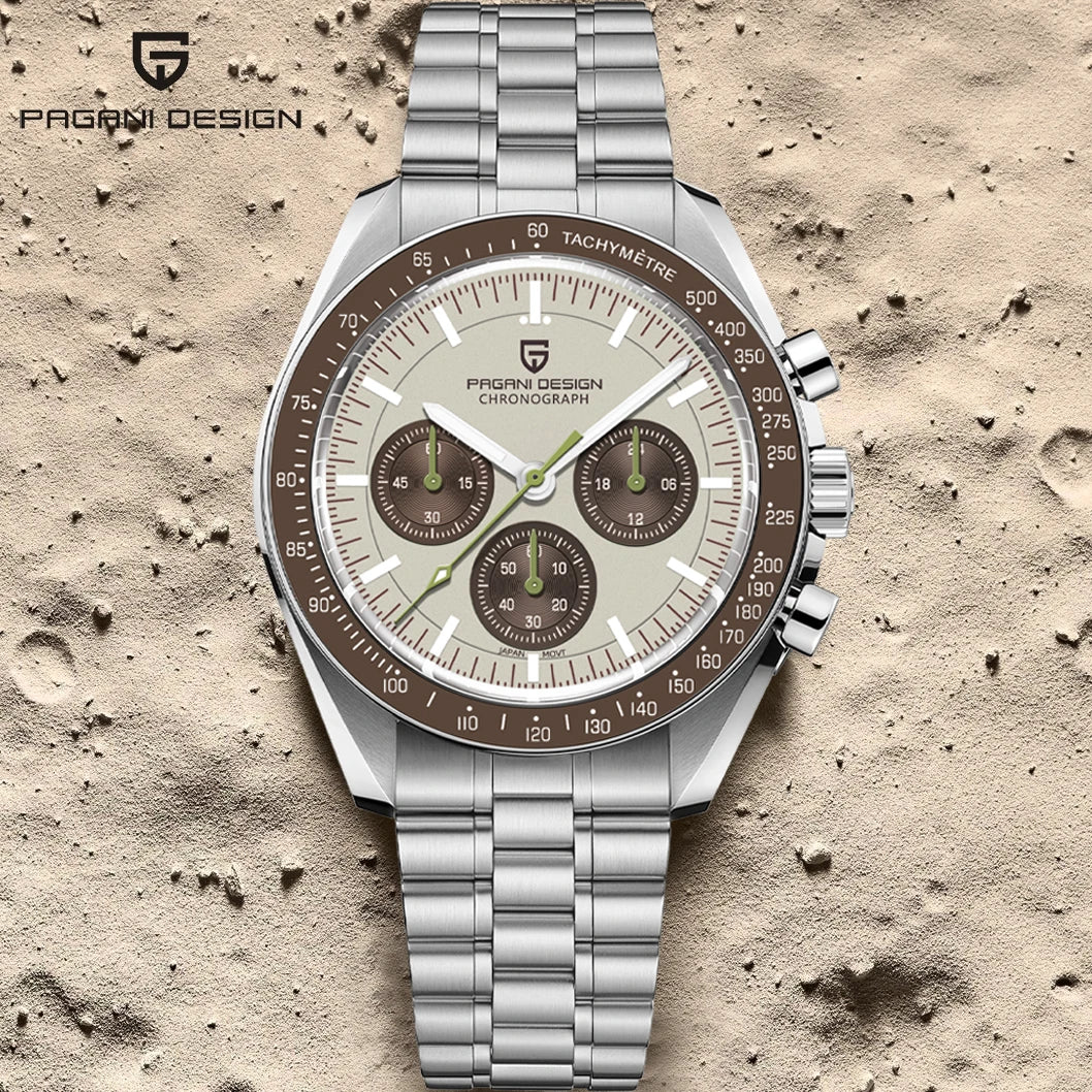 PAGANI DESIGN 2025 New Saturn Men's Watches Top Luxury Quartz Watch Men Light Tan Chronograph AR Sapphire crystal Wristwatch Men.