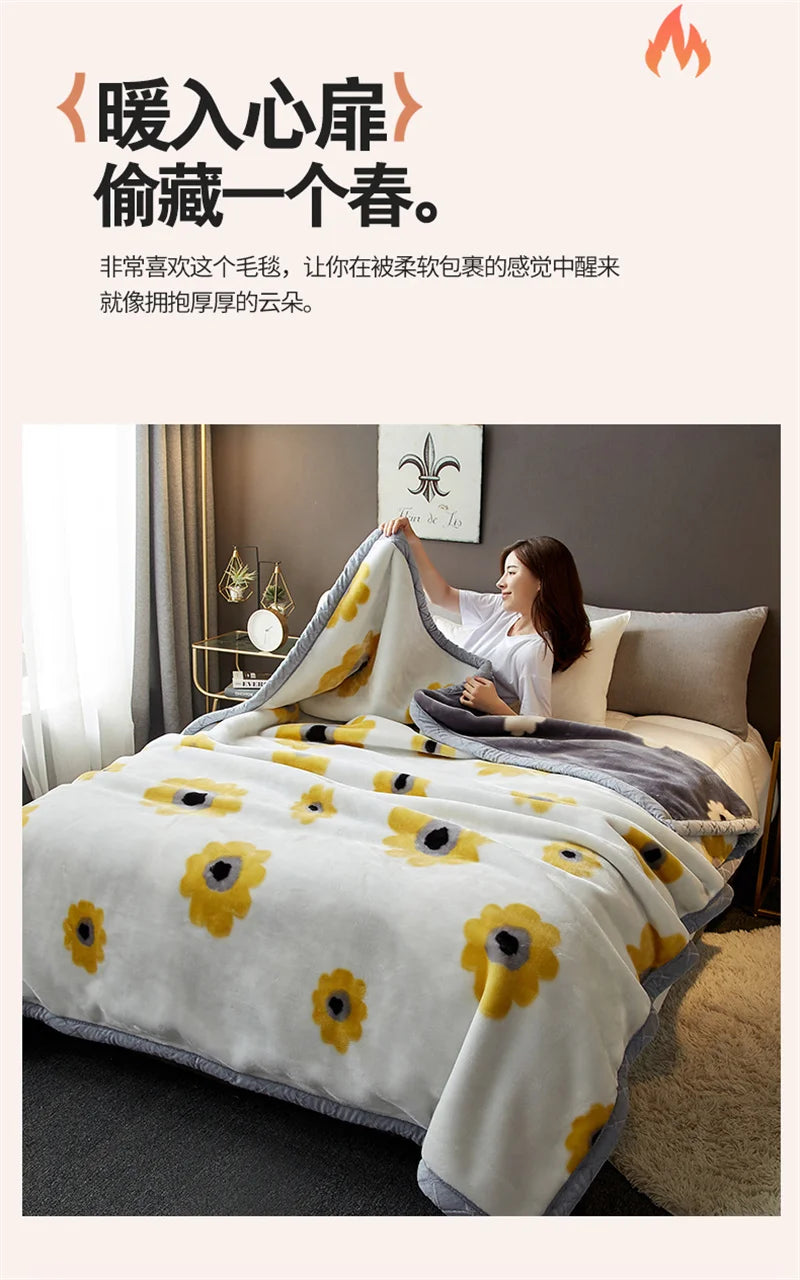 Double Sided Printed Autumn Winter Blankets for Bed Soft Warm Encrypted Flocking Raschel Blanket Skin Friendly Weighted Blanket.