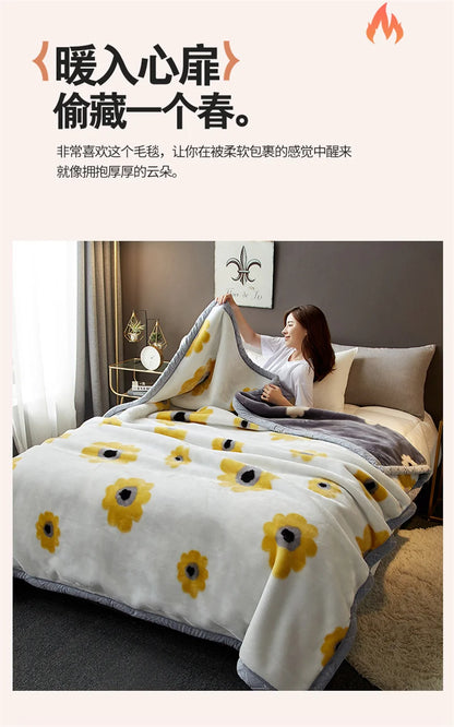 Double Sided Printed Autumn Winter Blankets for Bed Soft Warm Encrypted Flocking Raschel Blanket Skin Friendly Weighted Blanket.
