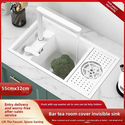 55 cm x 32 cm weißes, verstecktes Küchenspülbecken-Set, zusammenklappbares Wasserhahn-Abflussrohr, einklappbares Unterbauwaschbecken, kleines Waschbecken aus Edelstahl