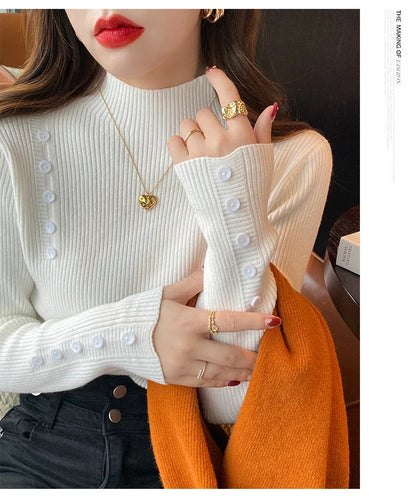 Langarm Beiläufige Dünne Pullover Mode Taste Grundlegende Gestrickte Tops Frauen Rollkragenpullover Koreanische Mode Einfache Chic Kleidung