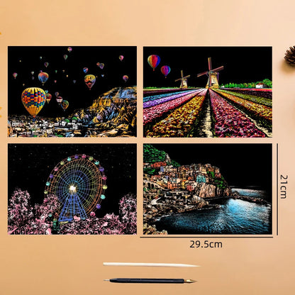 4PCS Scratch Art Paper World Landmarks Animals Painting Toy with Stylus Stress Relief Drawing Kids Adult Gift Glow in Dark Craft