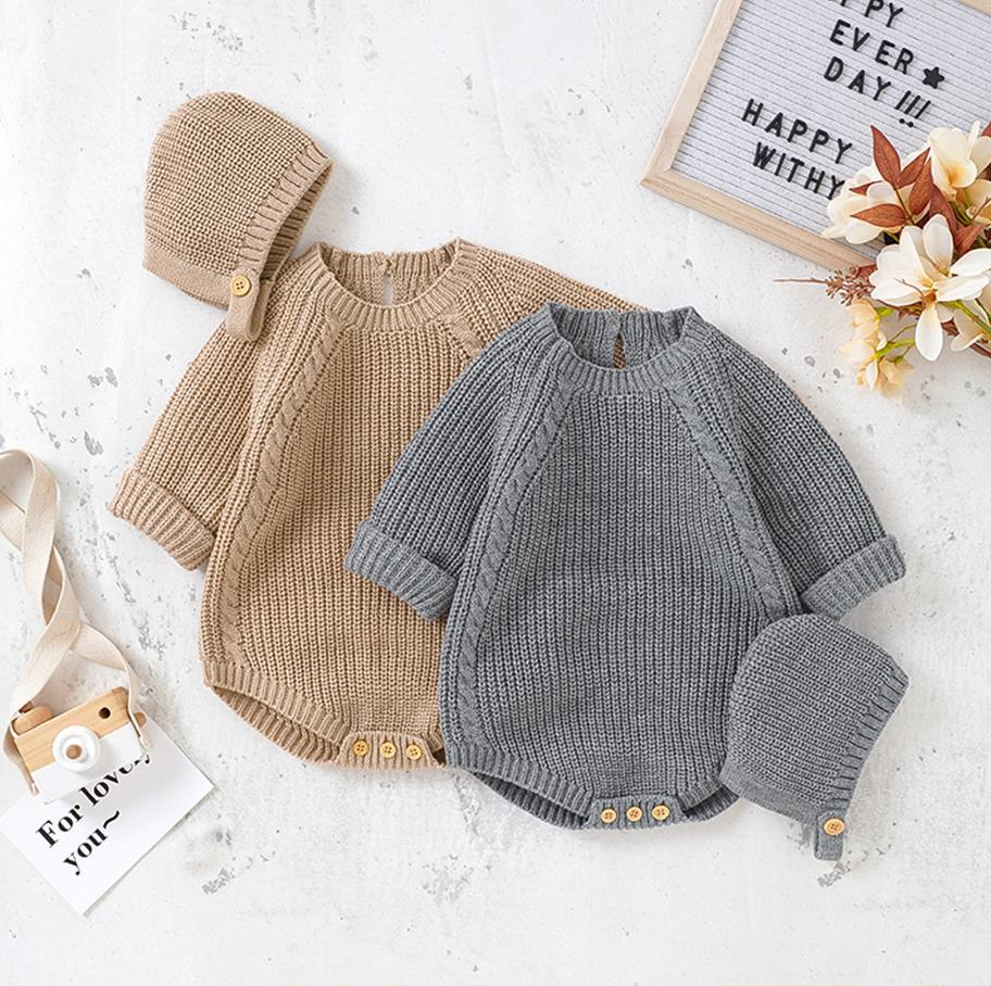 Neugeborenen Baby Mädchen Boy Knit Pullover Strampler Crewneck Sweatshirt Langarm Warme Bodys Tops Mit Hüte Herbst Winter Kleidung.