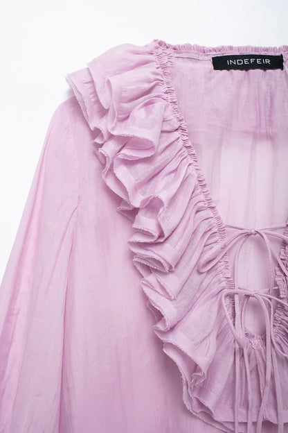 MUJER 2025 Ruffle Blouses for Women Semi Sheer Casual Blouse Woman Pleated Summer Shirts and Blouses Women Long Sleeve Women Top.