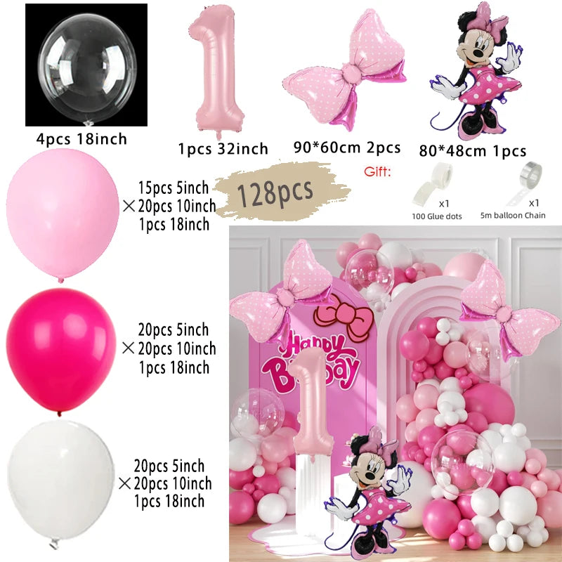 128PCS Minnie Maus Rosa Schleife Aluminium Form Ballon Girlande Bogen Set Mädchen Prinzessin Geburtstag Party Baby Dusche Dekoration Lieferungen