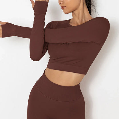 New Seamless Solid Color Peach Tight-fitting T-shirt Fitness Sport Yoga Wear Moisture Absorbing Shaping Long Sleeve Women's.