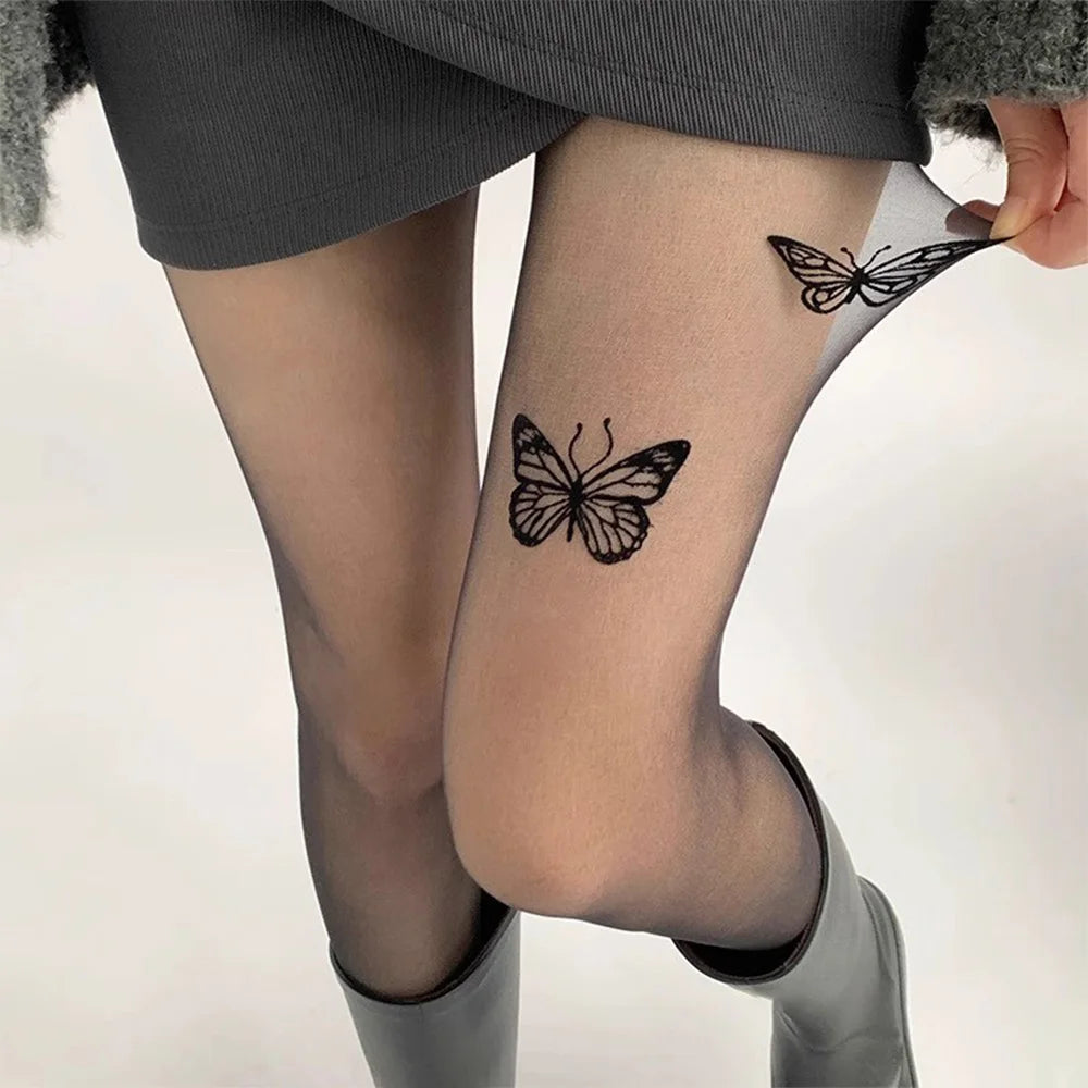 Sexy Butterfly Tights Vintage Y2K Fake Tattoo Butterfly Black Transparent Silk Pantyhose Women Lolita Summer Ultra-thin Stocking.