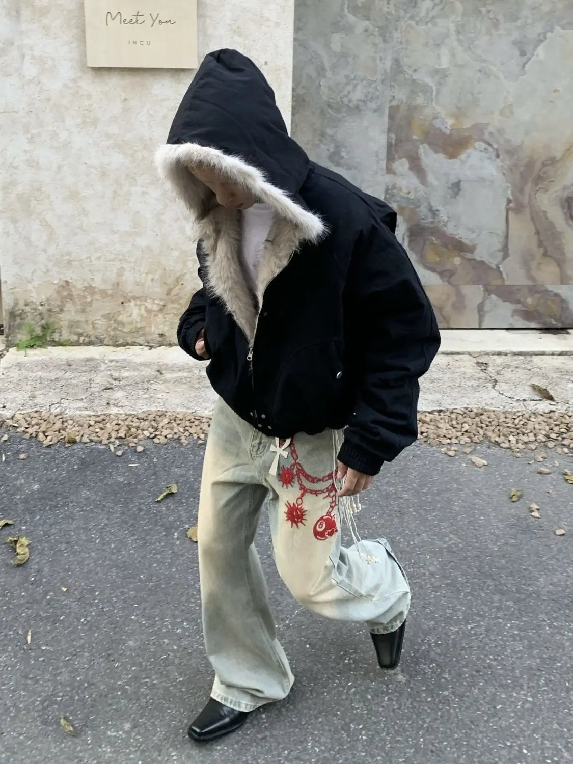 American Retro Woolen Collar Hooded Cotton Jacket Winter Thick Plush Top Men Street Hip-Hop Gothic Harajuku Oversize Jacket Coat.