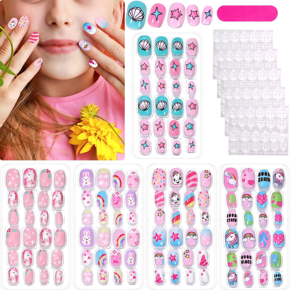 120Pcs Children's Press on Nails Kids Cartoon Acrylic Fake Nails Tips Kawaii Girl Full Cover Short False Nails With Jelly Glue#@.