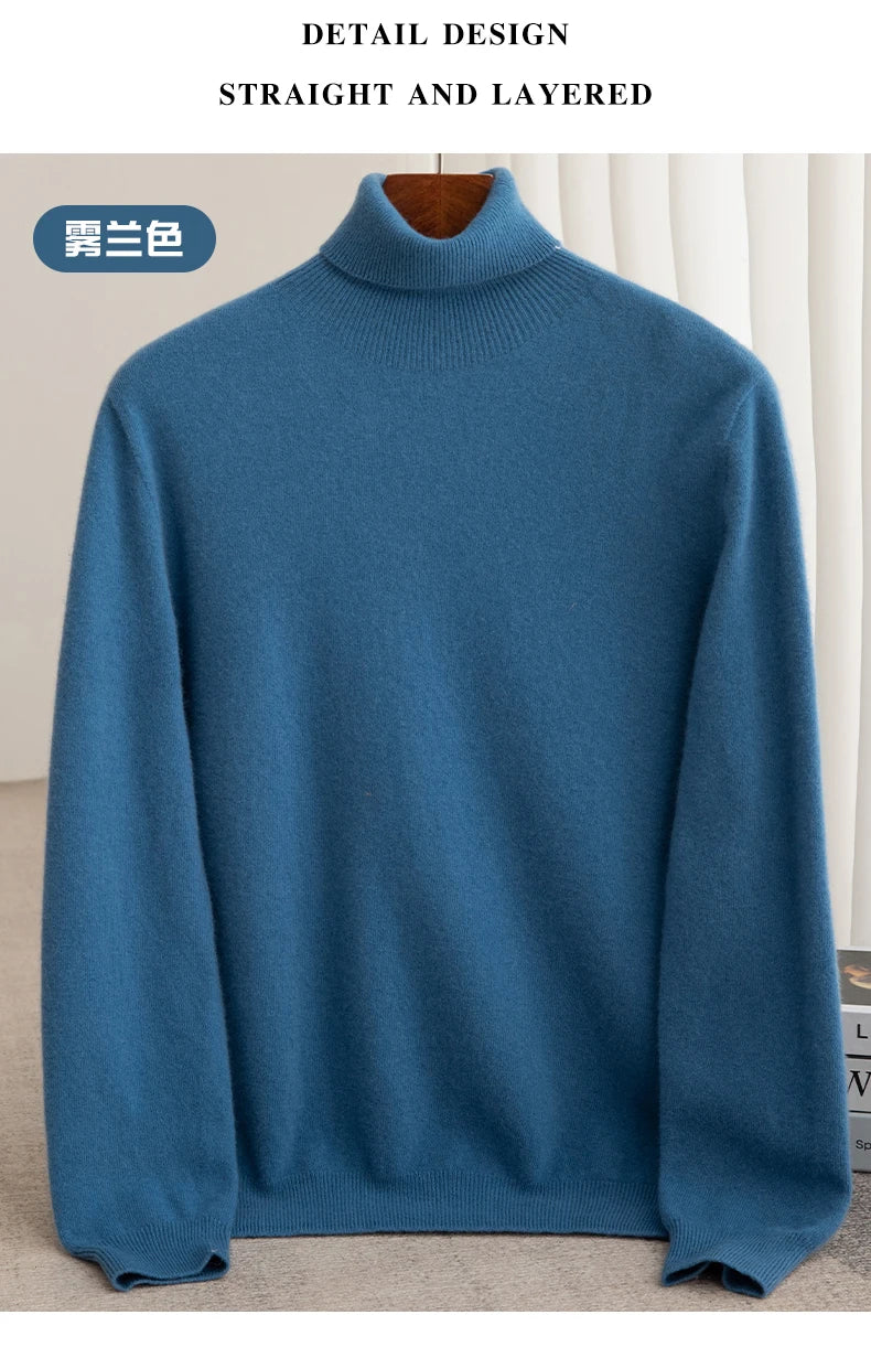 Men 100% Merino Wool Sweater Turtleneck Knitted Pullover Cashmere Warm Solid Color Clothes Business Bottoming Tops Autumn Winter
