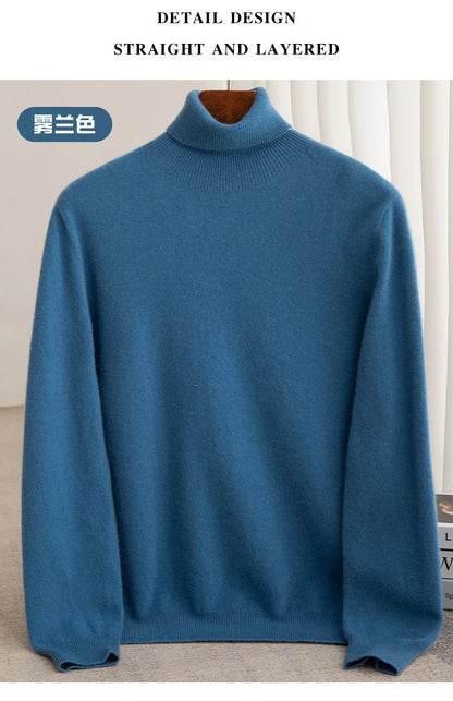 Men 100% Merino Wool Sweater Turtleneck Knitted Pullover Cashmere Warm Solid Color Clothes Business Bottoming Tops Autumn Winter