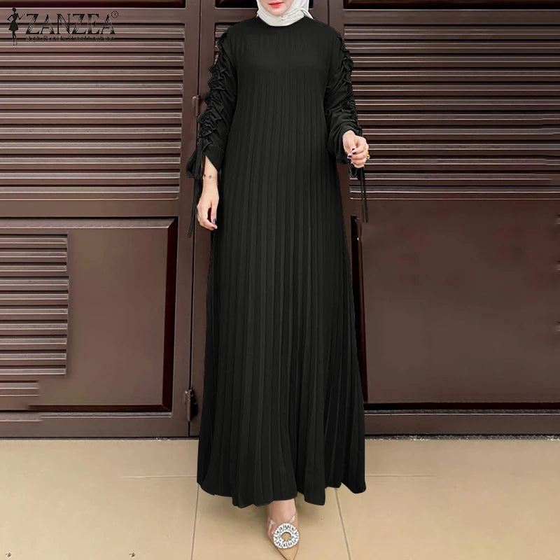 Muslim Hijab Dresses Abaya ZANZEA Spring Maxi Sundress Women Fashion Long Sleeve Pleated Party Dress IsIamic Clothing Robe Femme.