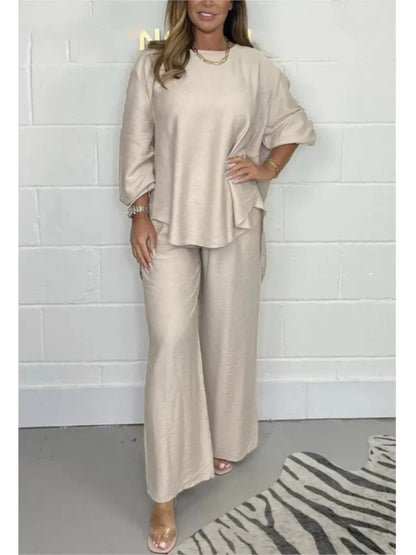 Women's Suit Casual Loose Solid Color Satin 2-piece Set Spring Fall New Blouse Top + Pants Sets Daily Wear Elegant Outfit Female.