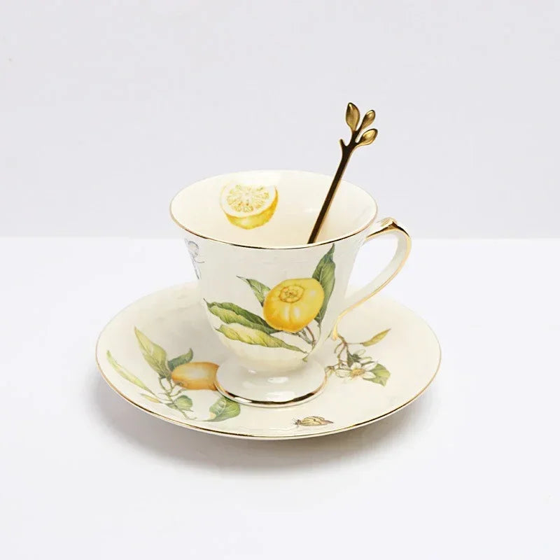 Europeanc Style Ceramic Dining Plate Elegant Lemon Pattern Dinner Steak Plate Coffee Cup Set Western Cuisine Dessert Plate.