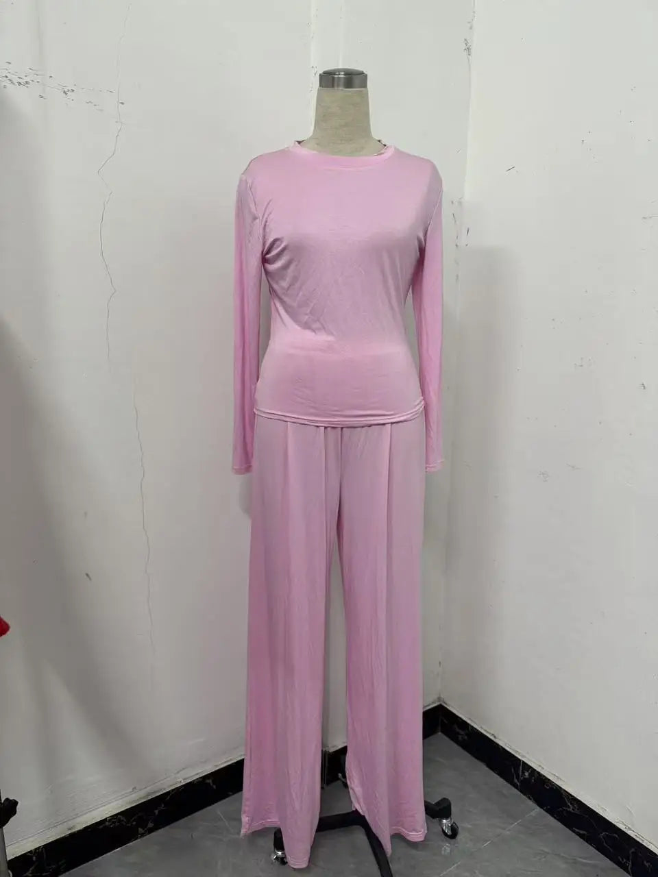 Solid Color Top Women Set Slim Fit Long Sleeved O-neck Top Pleated Straight Pocket Pants 2025 Spring/summer Vacation Women's Set.