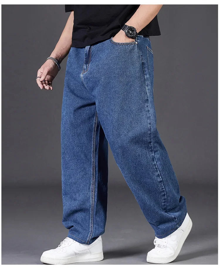 Plus Size Jeans Men's Autumn Loose-Fit Straight-Leg Casual Denim Pants Elastic Waist Wide-Leg Design For Plus Size Men.