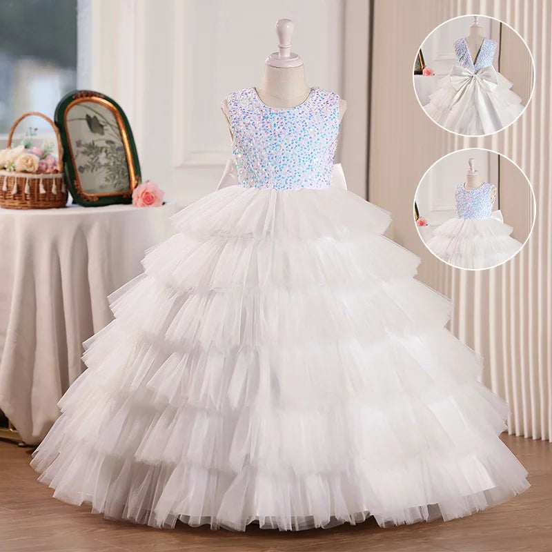 Mode Pailletten Mädchen Prinzessin Kleid Geburtstag Party Mädchen Layered Schwarz Hochzeit Kleid Für Kinder Elegante Klavier Leistung Kleid.
