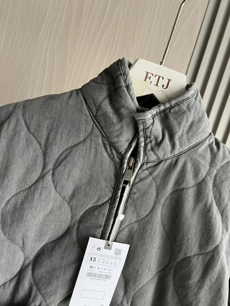 ZW Women's Cotton Jacket  2025 New Arrival Vintage Lenzing Rayon High Collar Large Pocket Decorative Quilted Coat for Women.