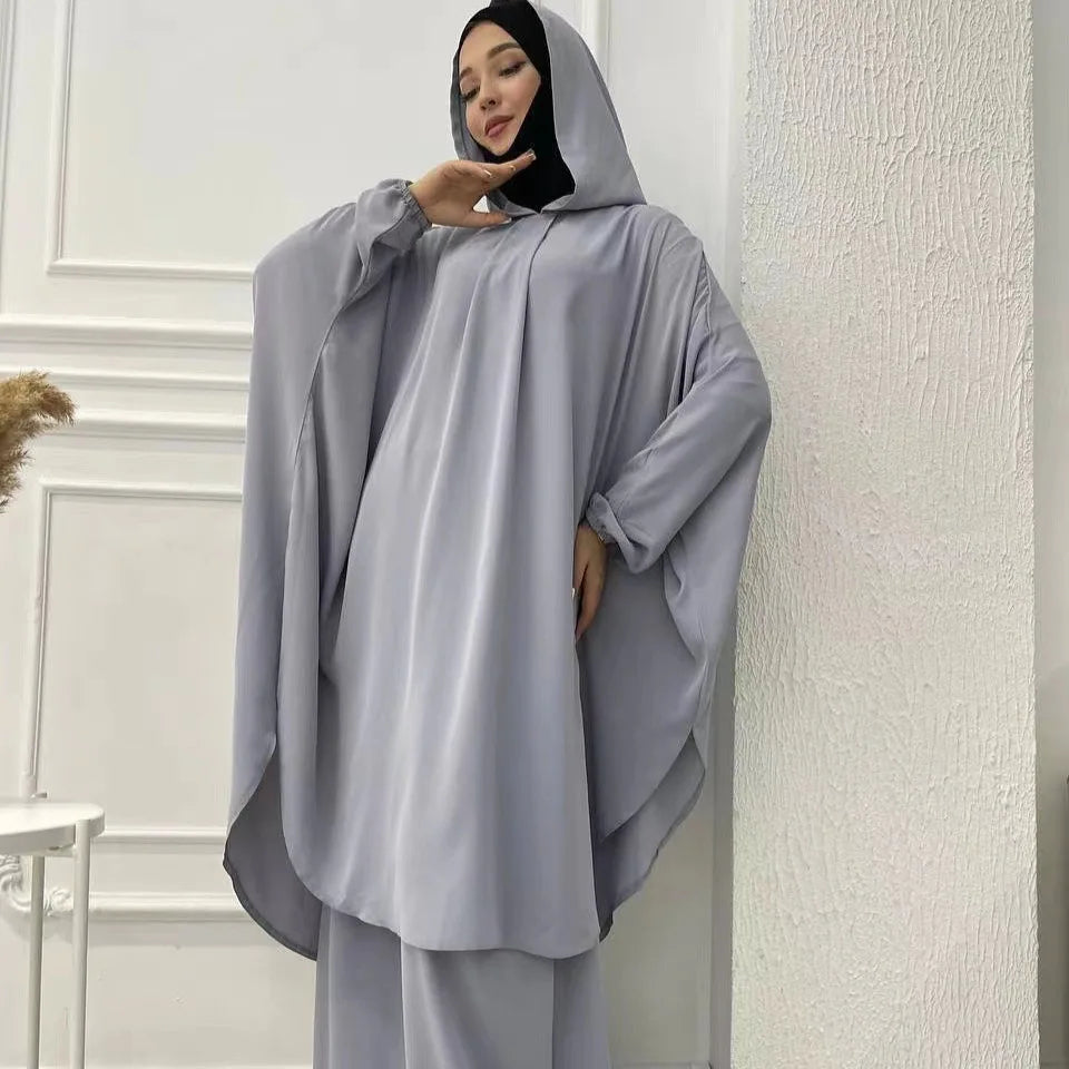 Eid Hooded Abaya 2 Piece Set Long Hijab Khimar Muslim Women Dress Prayer Jilbab Ramadan Gown Abayas Skirt Sets Islamic Clothes.