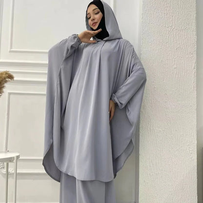Eid Hooded Abaya 2 Piece Set Long Hijab Khimar Muslim Women Dress Prayer Jilbab Ramadan Gown Abayas Skirt Sets Islamic Clothes.