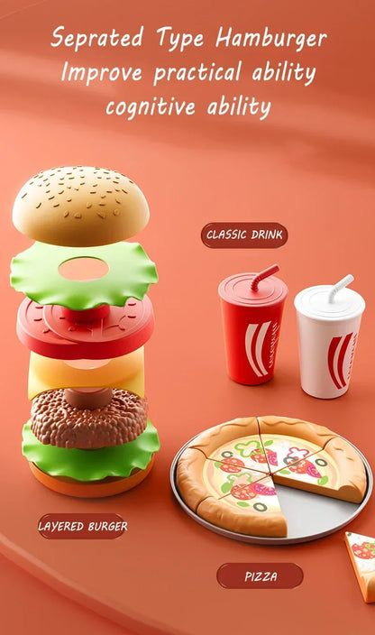 Kid Kitchen Toy Set Simulation Make Hamburger Pizza Fries Pretend Play Food Cooking Cutting Game Montessori Interactive Toy Gift.