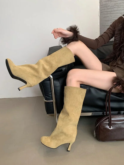 Eilyken Concise Round Toe Women Knee-High Boots Punk Style Thin High Heels Shoes Autumn Winter Female Long Booties.