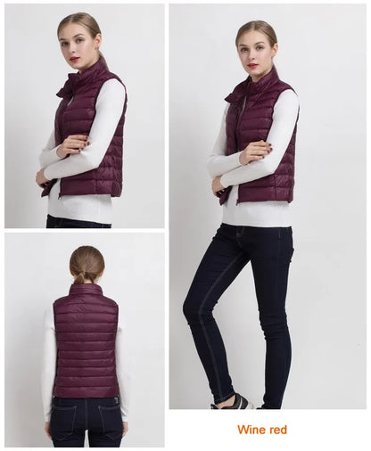 0-10 ℃   Frauen Westen Herbst Winter Ultra Licht Ente Unten Weste Weibliche Dünne Ärmellose Jacke Winddicht Warme Puffer Weste 4XL.