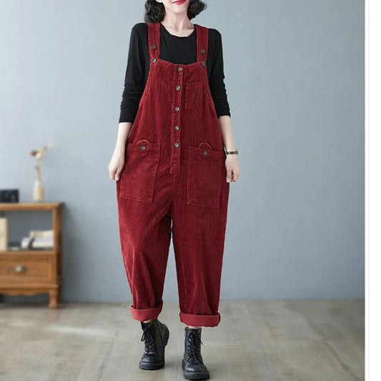 #2316 Vintage Corduroy Jumpsuits Women Loose Single Breasted Long Jumpsuit Female Pockets Loose Vintage Overalls Autumn Winter.