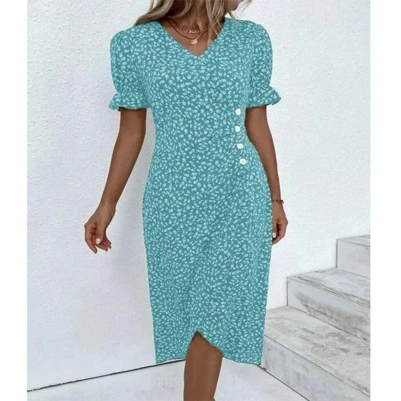 Frühling Floral Bodycon Midi Kleid Für Frauen V-ausschnitt Langarm Rüschen Slim Fit Kleider Weibliche Sexy Vestido Robe.