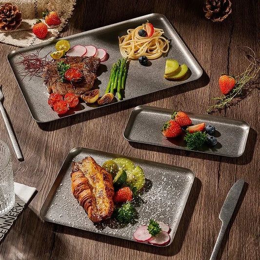 Vintage 304 Stainless Steel Snowflake Silver Square Tray Round Edge Dinner Plate Dessert Grill Tray Steak Plate Decorative Tray.