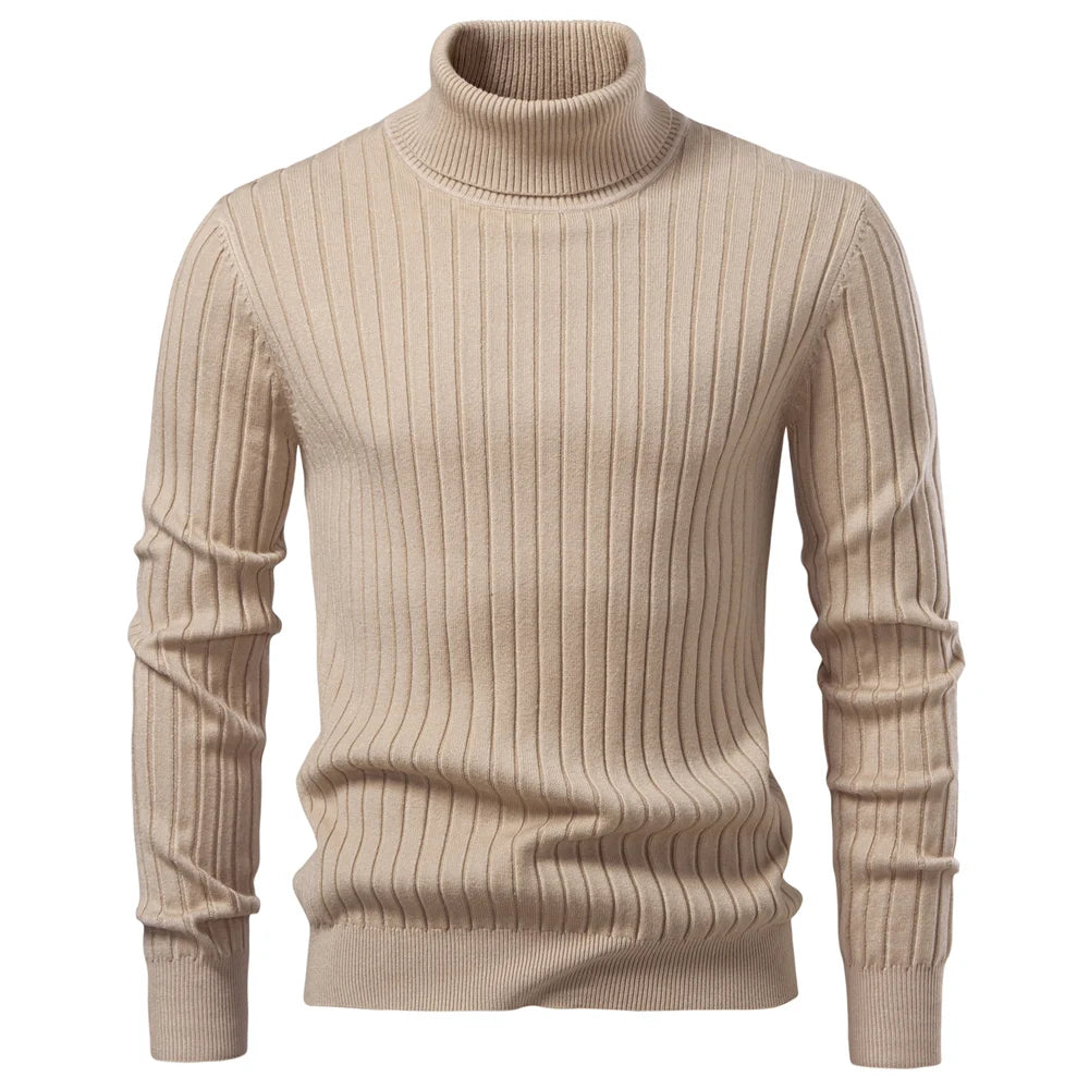 AIOPESON Men's Turtleneck Sweater Solid Color with Striped Pullover Warm Knitwear Winter Basic Casual High Quality Sweater Male.