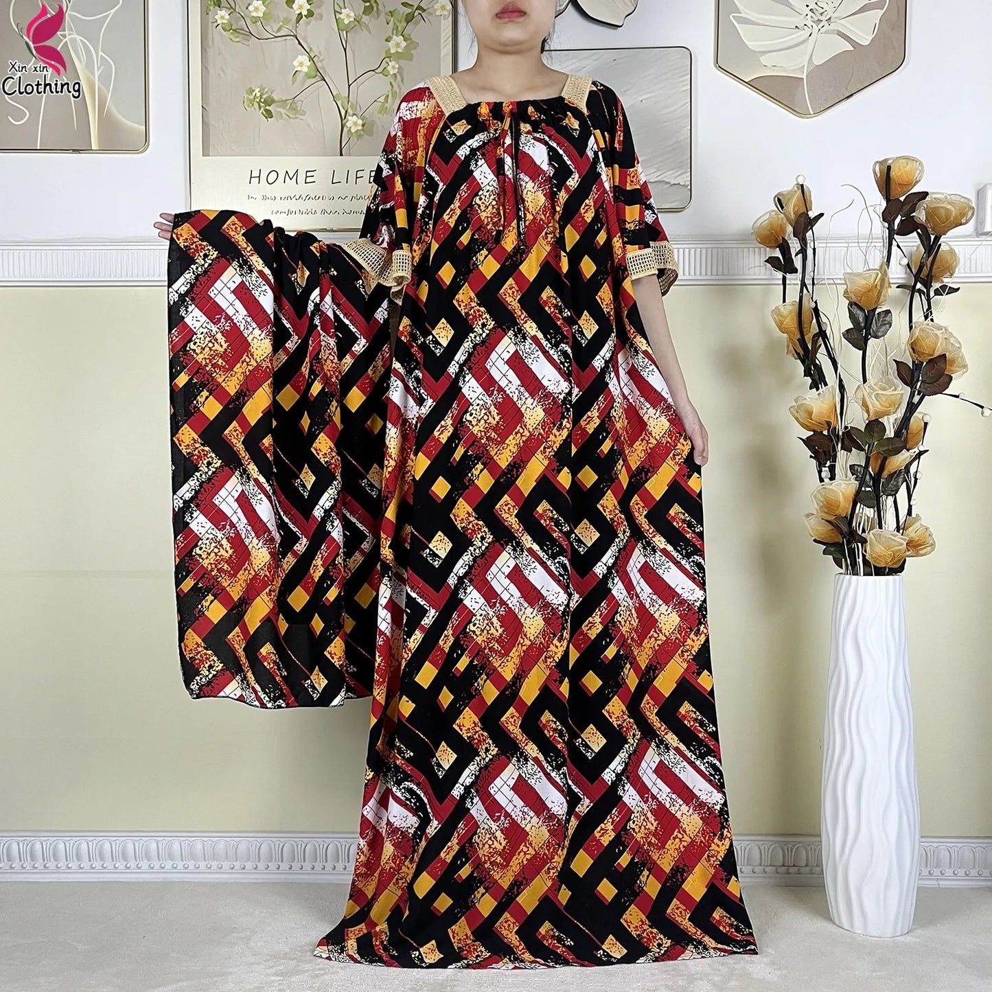 New Muslim Dubai Elegant Dress Summer Short Sleeve African Abaya Printing Cotton Loose Femme Robe Islamic Dresses With Scarf