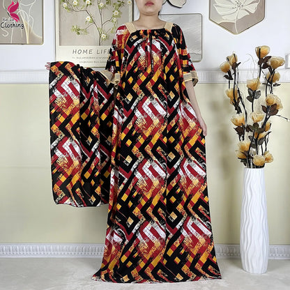 New Muslim Dubai Elegant Dress Summer Short Sleeve African Abaya Printing Cotton Loose Femme Robe Islamic Dresses With Scarf
