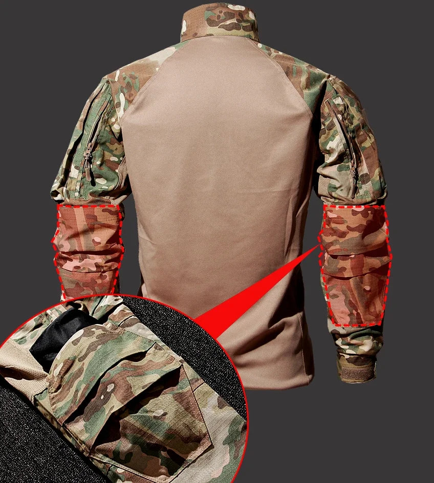 Autumn Tactical Sets Men Outdoor Breathable Short Sleeve Tshirt+Waterproof Straight Pant 2 Pcs Suits Camo Multi-pocket Cargo Set.