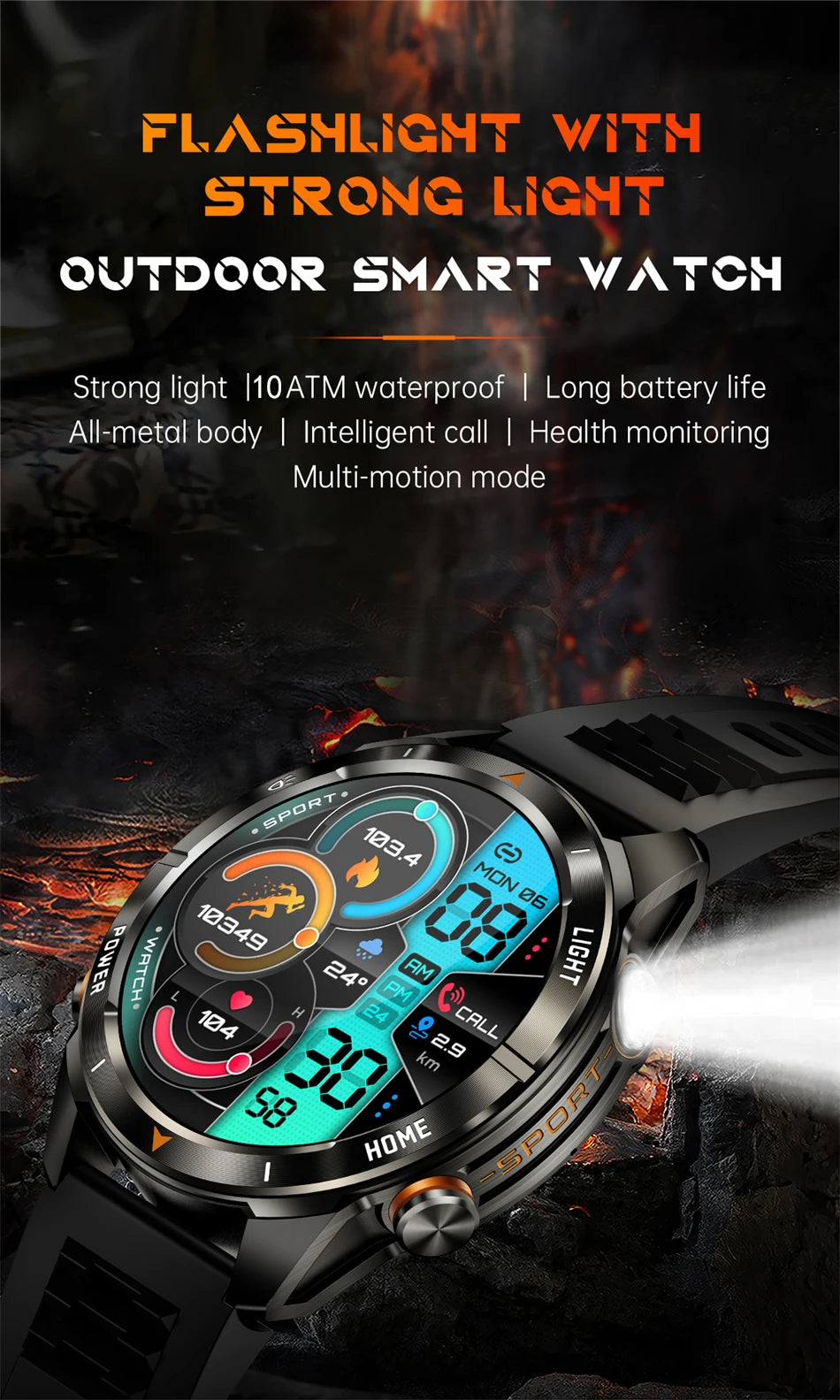 New Outdoor Sport Smart Watch Men 1.46" AMOLED Screen LED Flashlight 515mAh Battery 10ATM Waterproof Bluetooth Call Smartwatch.