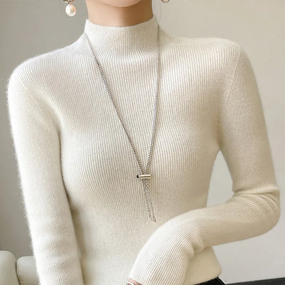 Herbst Winter Frauen Pullover Slim Fit Hohe Strecth Pullover Langarm Inneren Tragen Mock Neck Gestrickte Tops Koreanische Mode Jumper.