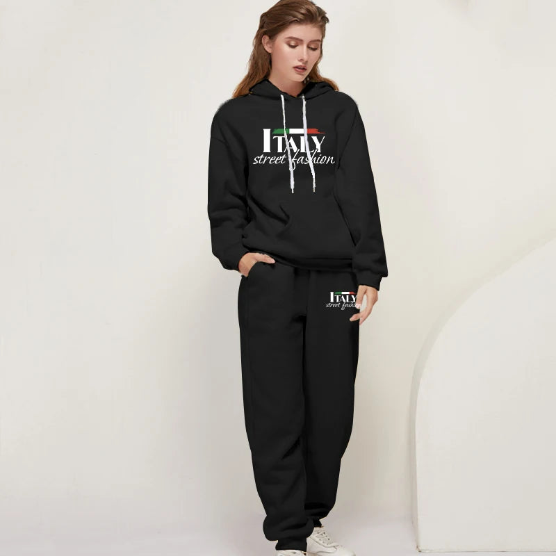 Womens Pants Suit Print Casual Hooded Sweatshirt Set Sports Jogging Woman Clothing AutumnWinter Office Home Tracksuit Street y2k.