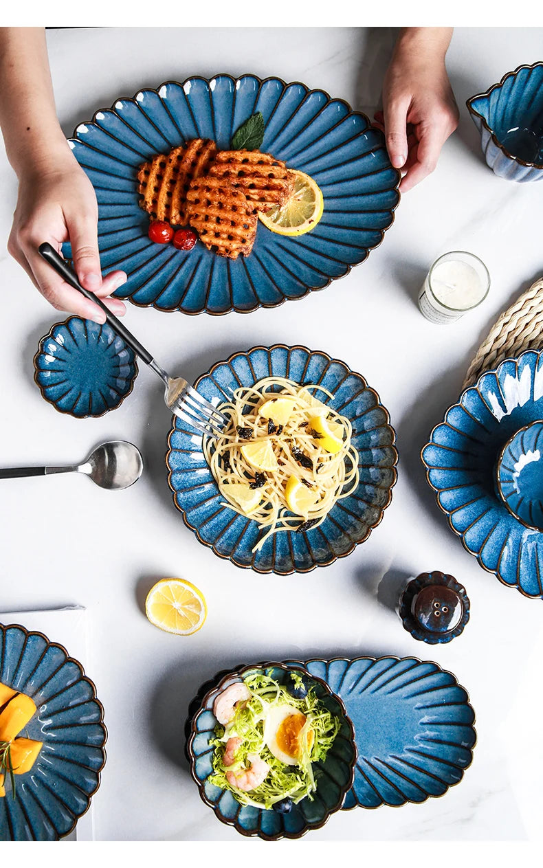 Retro Household Ceramic Tableware Kiln Variable Glaze Western Plate Creative Long Plate Main Dish Dinner Plate Kitchen Supplies.